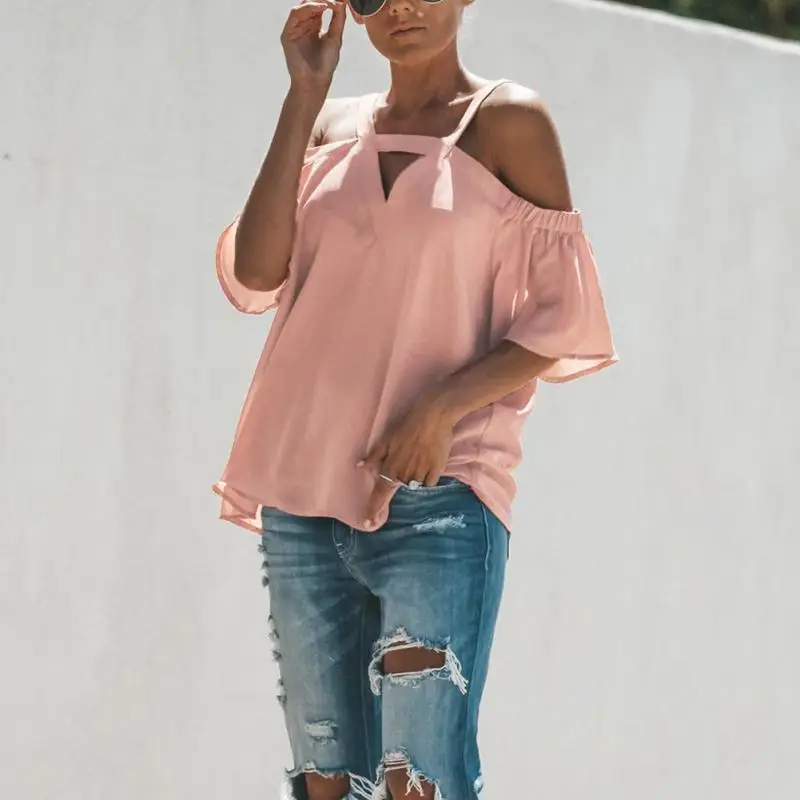Женские Летняя шифоновая блуза с открытыми плечами нерегулярные v-образным