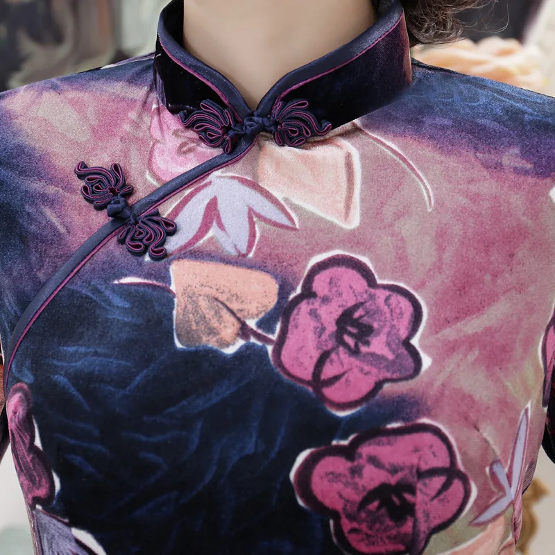 Китайское современное велюровое платье длинное Qipao чонсам Восточный стиль