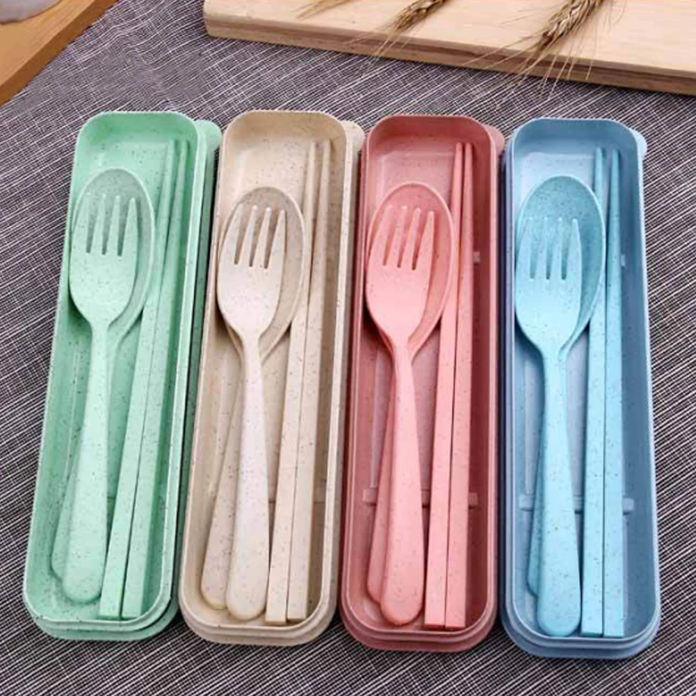 Portable Tableware Cutlery Set Wheat Straw Chopsticks Fork Spoon for Children Adult Train Camping Travel Set(Blue) | Дом и сад