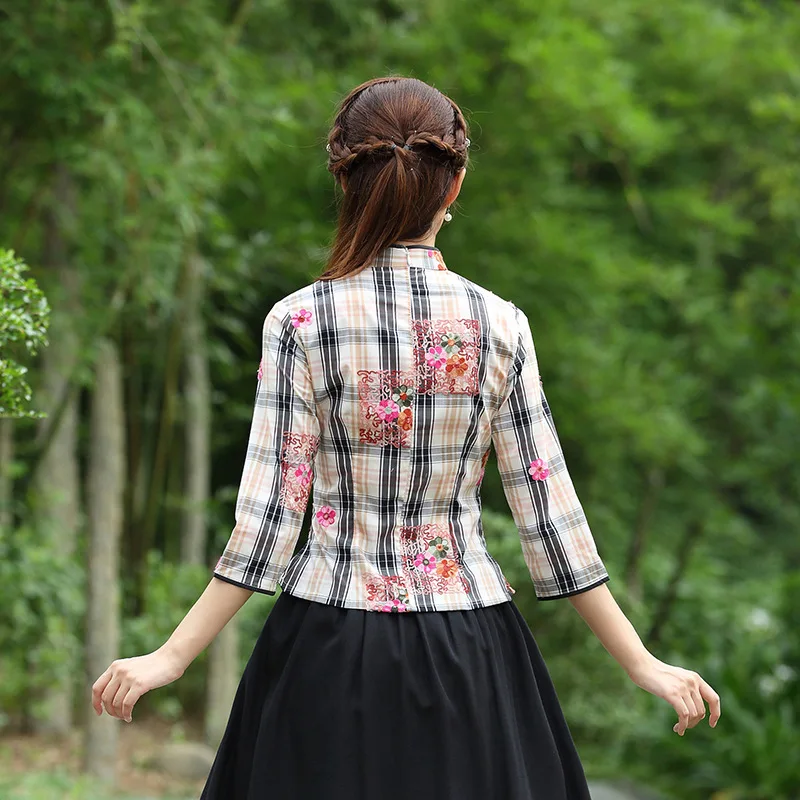 Женские полосатые топы SHENG COCO в китайском стиле с цветочной вышивкой элегантные