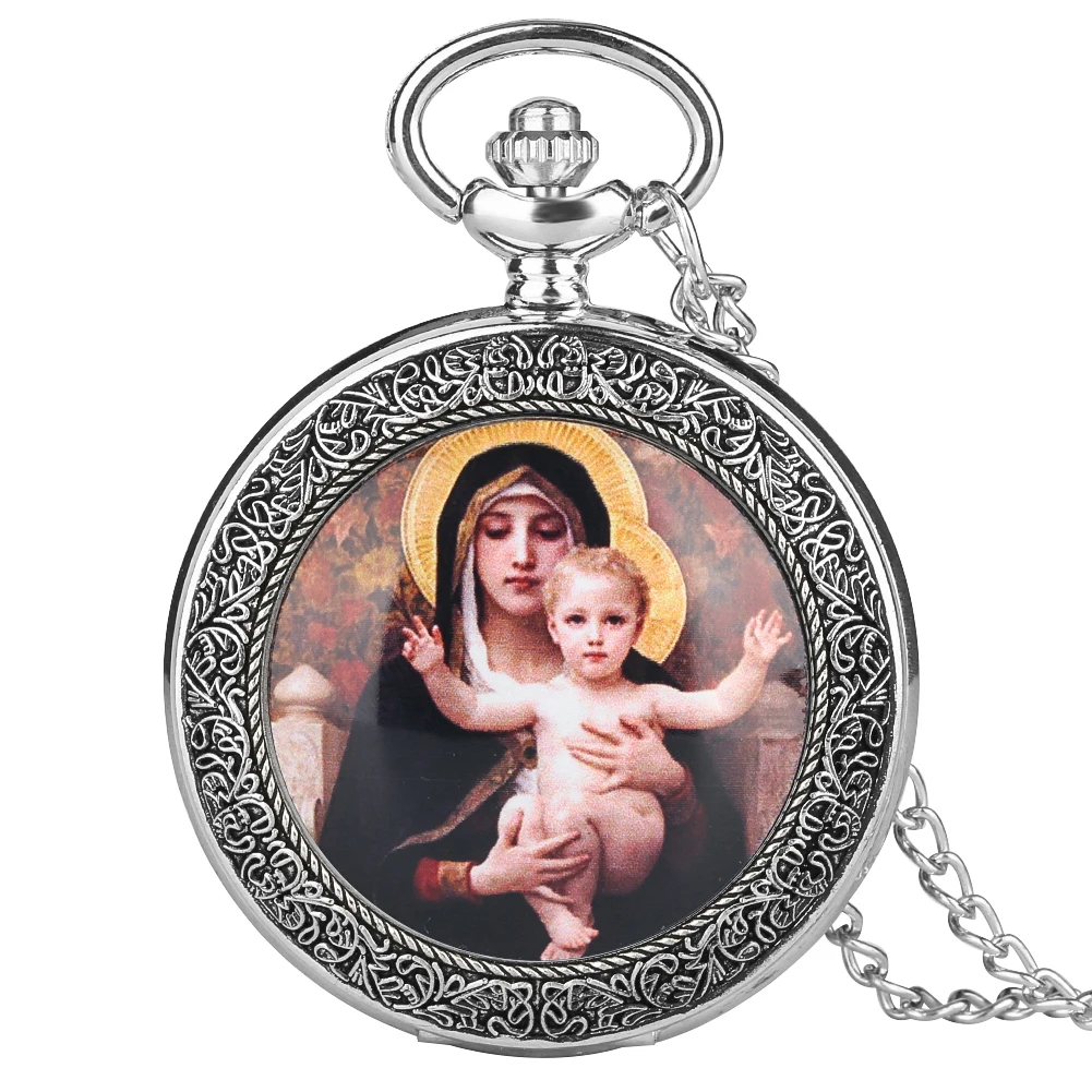 

Vintage Silver/Bronze Case Quartz Pocket Watch for Women Creative Large Watches for Men Virgin Mary and Jesus Pattern Necklace