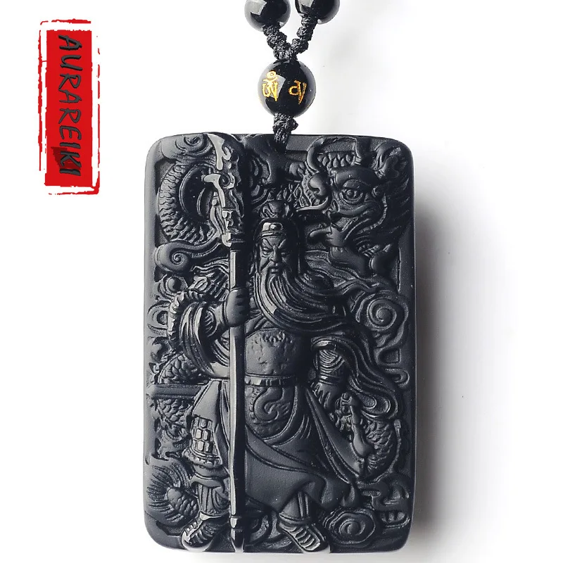 AURAREIKI Обсидиан Резной кулон ожерелье Guan Yu лояльность король кунг фу шесть слов