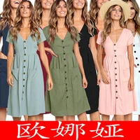 foreign trade supply hot explosion models 9 color summer fashion v neck button versatile pockets short sleeve female dress 0864
