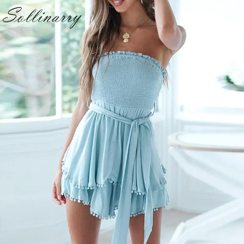 Sollinarry Мода без бретелек Boho Летний комбинезон для женщин с оборками повседневные