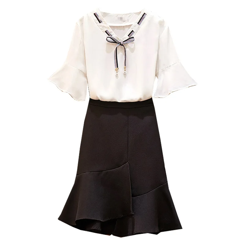 

2019 Newest 2 Pieces Sets Woman Elegant Summer White Tops+Casual Skirt Vintage Large Size Ladies Party 2 PCS Suits
