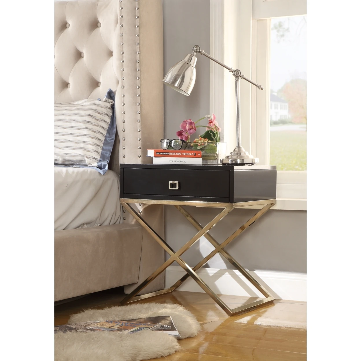 Jesse Lacquer Finish Nightstand | Steel Base Side Table Modern Inspired Home Мебель