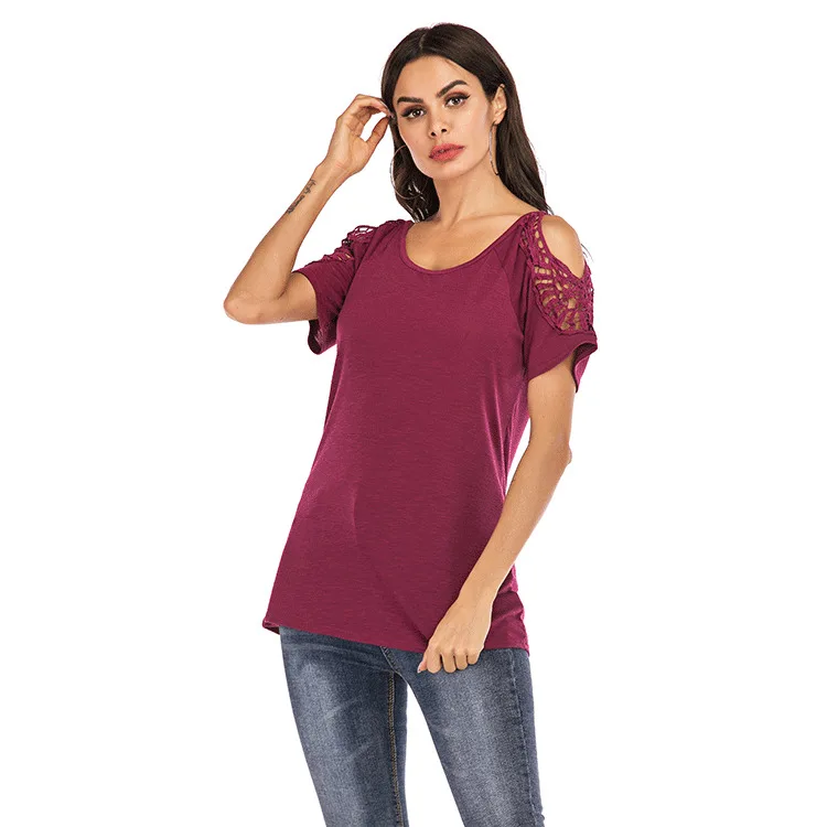 Женский костюм рубашка с круглым вырезом и кружевным футболка коротким рукавом