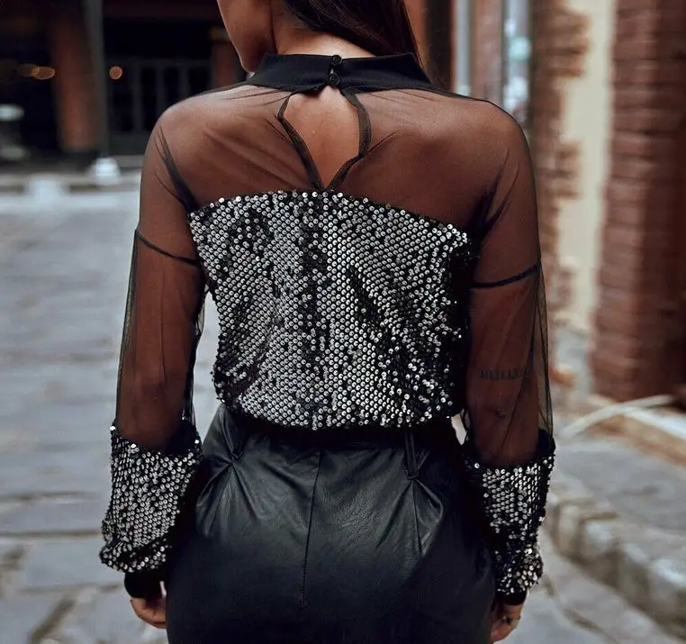 Fashion Sexy Women Gauze Mesh See Through Long Sleeve Paillette Bottoming Shirt | Женская одежда