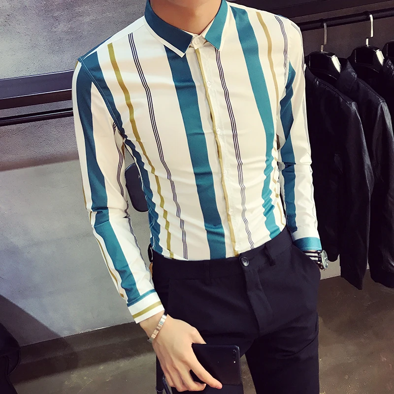 Высокое качество Весна новая рубашка мужская 2019 Slim Fit полосатый Смокинг Рубашка с