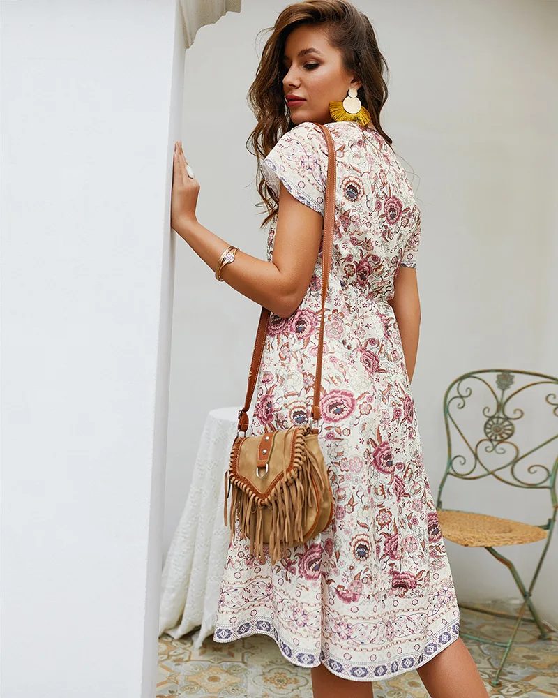

Dress 2019 Summer Floral Print Boho Beach Dress Short Sleeve Evening Party Dress Tunic Vestidos N20D