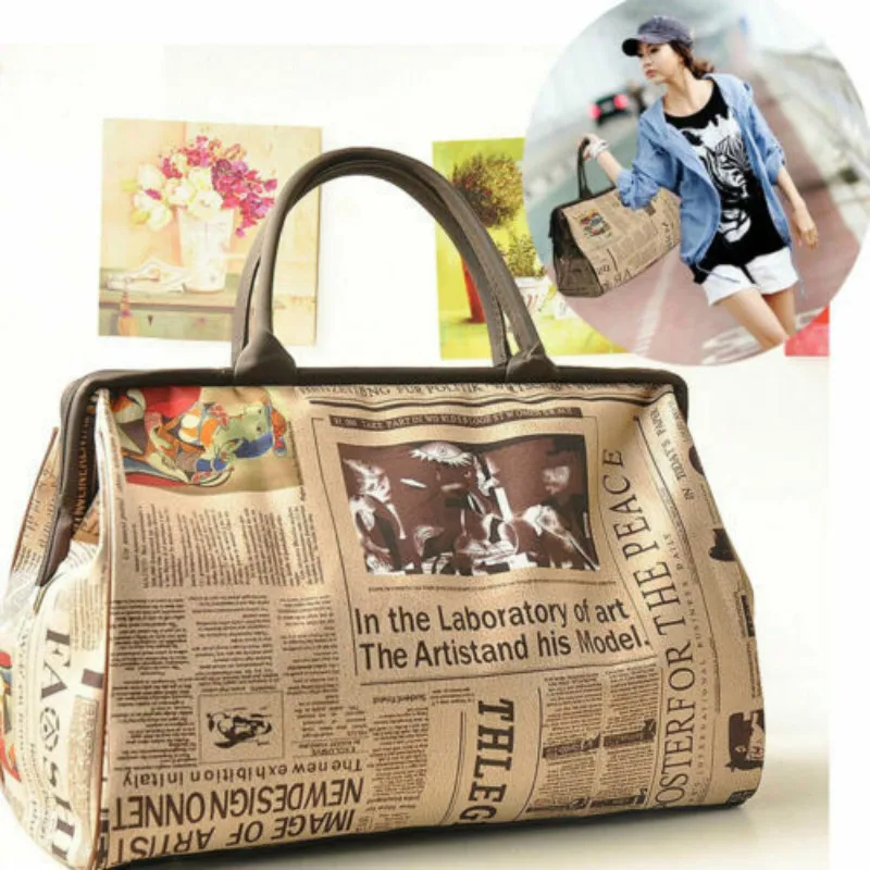 

2019 HOT Fashion women's handbag retro newspaper print large capacity travel shoulder bag