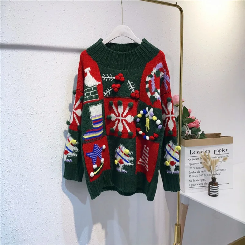 2018 Winter Christmas Women Green Print Sweater Pullovers Harajuku Streetwear Long Sleeve Female Knitted Jumper Tops Clothing | Женская