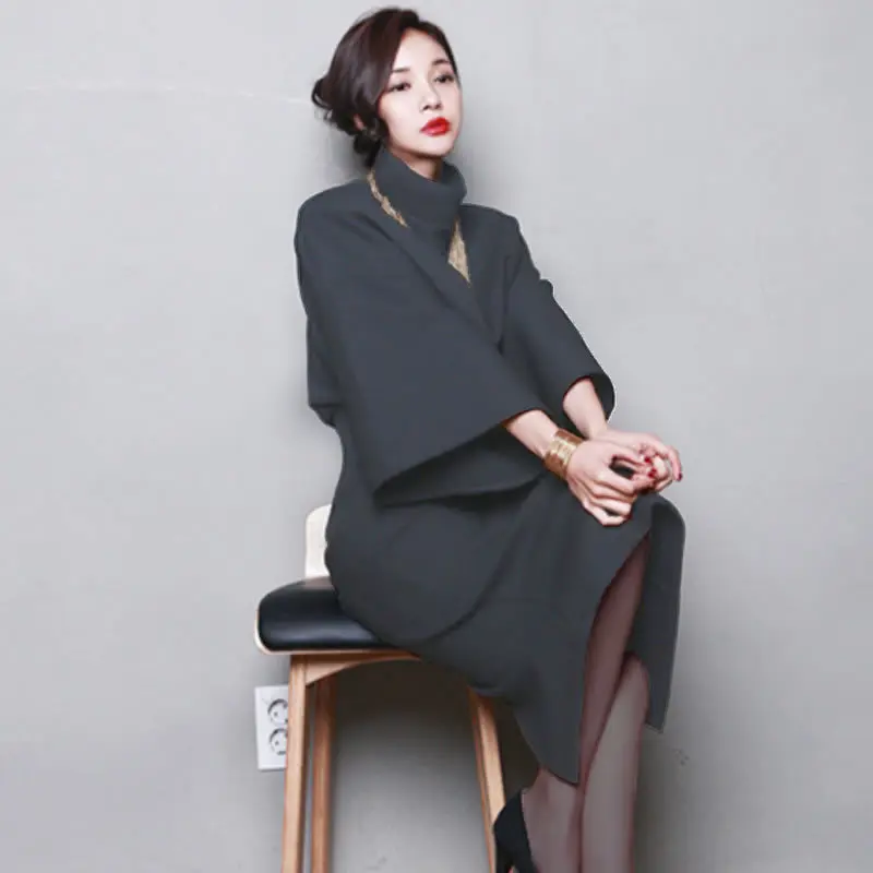 Fashion Woolen Two Piece Set Women Spring Turtleneck Flare Sleev Short Tops And Long Bodycon Skirt Suits Office 2019 Okq126 | Женская