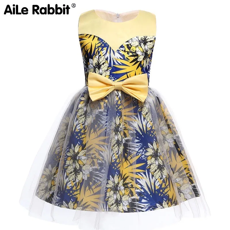 AiLe Rabbit Children's Clothes With A Combination Of Colour Fluffy Bow Knot Princess And Printed Kids Dresses For Girls Summer | Детская