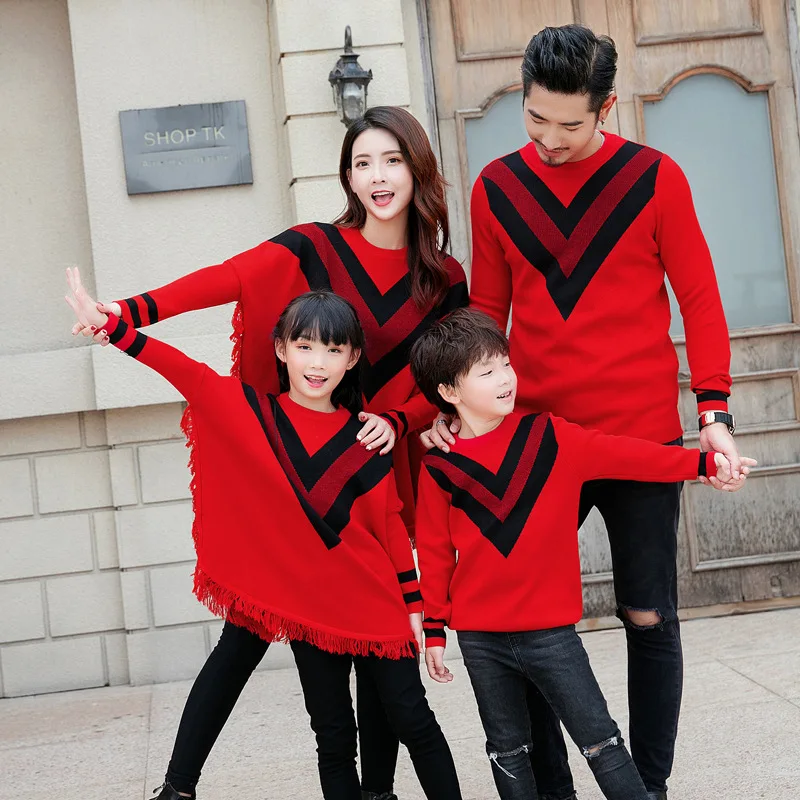 Family clothing set spring new fashion sweater men women kids matching long sleeve bat sleeves pullover | Мать и ребенок