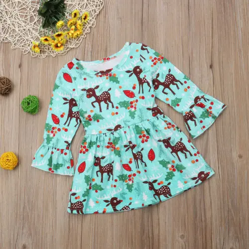 AU Sale Kids Baby Girl Xmas Deer Bell Sleeve Party Toddler Dress Clothes | Детская одежда и обувь