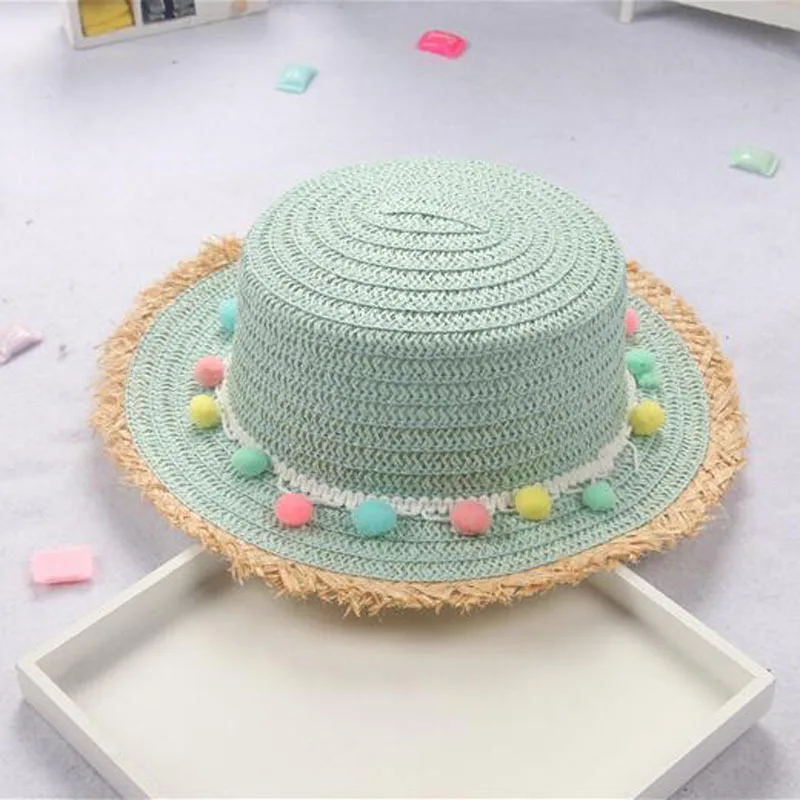 

Child Summer Panama Sun Hats Colorful Tassel Balls Straw Hat Girl Floppy Wide Brim Beach Cap Flower Sombreros