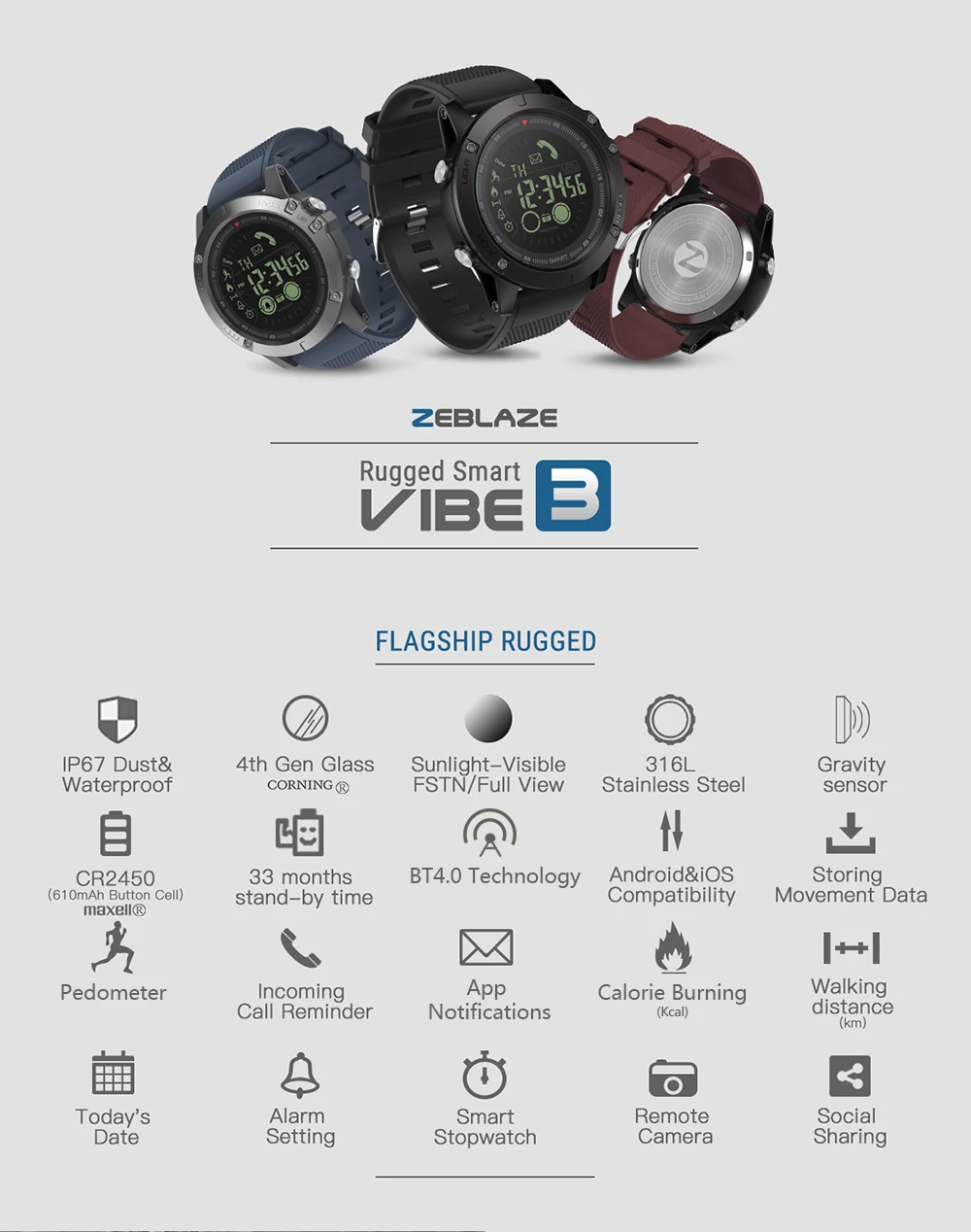 Zeblaze VIBE 3 Flagship Rugged Smartwatch 33-month Standby Time 24h All-Weather Monitoring Smart Watch Men For IOS Android | Электроника
