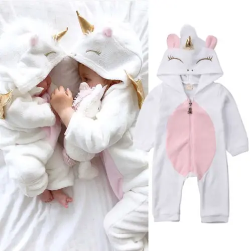 

Newborn Baby Girl 3D Unicorn Flannel Romper Jumpsuit Toddler Kids Hooded Rompers Winter Warm Overalls Outfit Clothes Playsuit