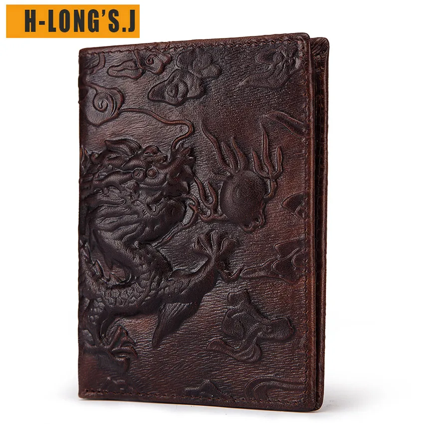 

H-Long'S.J Genuine leather Men Wallet Dragon Pattern High Quality Purse Male Chinese style Style Dark Coffee Imported wallets