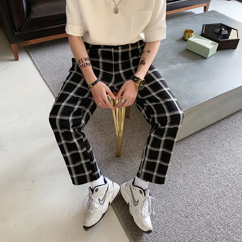 

2019 Summer Men's Loose Casual Pants Male Black And White Lattice Printing Pants Wind Fashion Trend High-quality Trousers M-XL