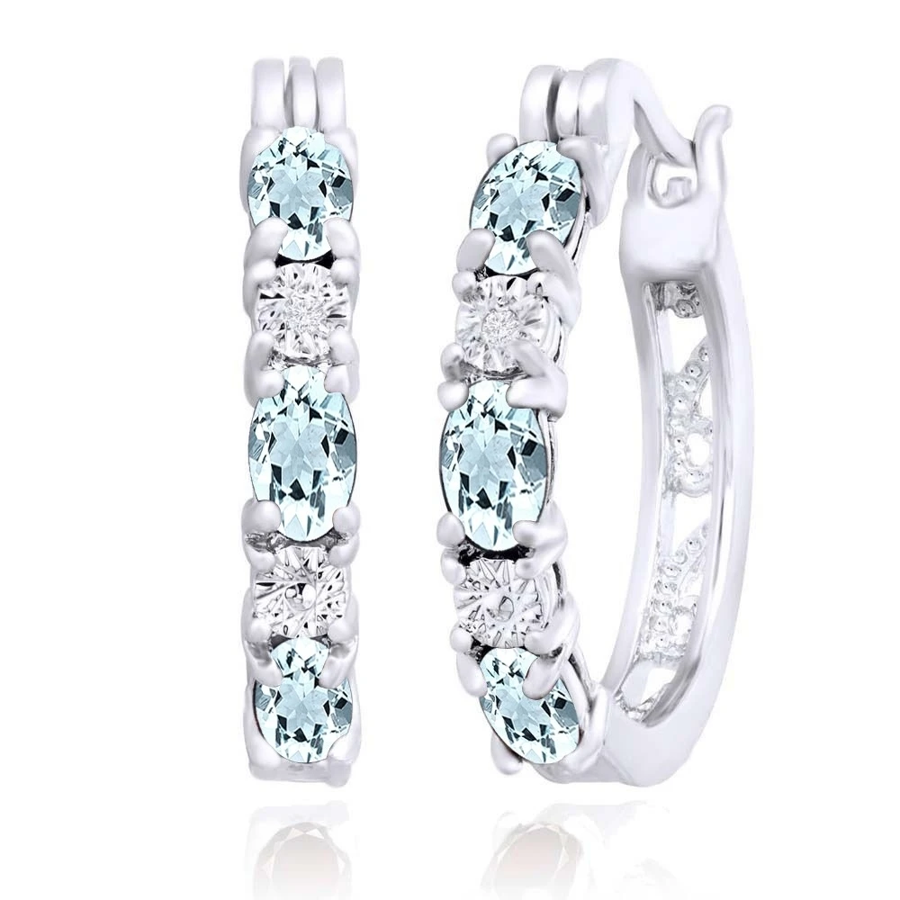 Март Аквамарин 1 1/2 Ct серьги-кольца с бриллианты из стерлингового серебра |