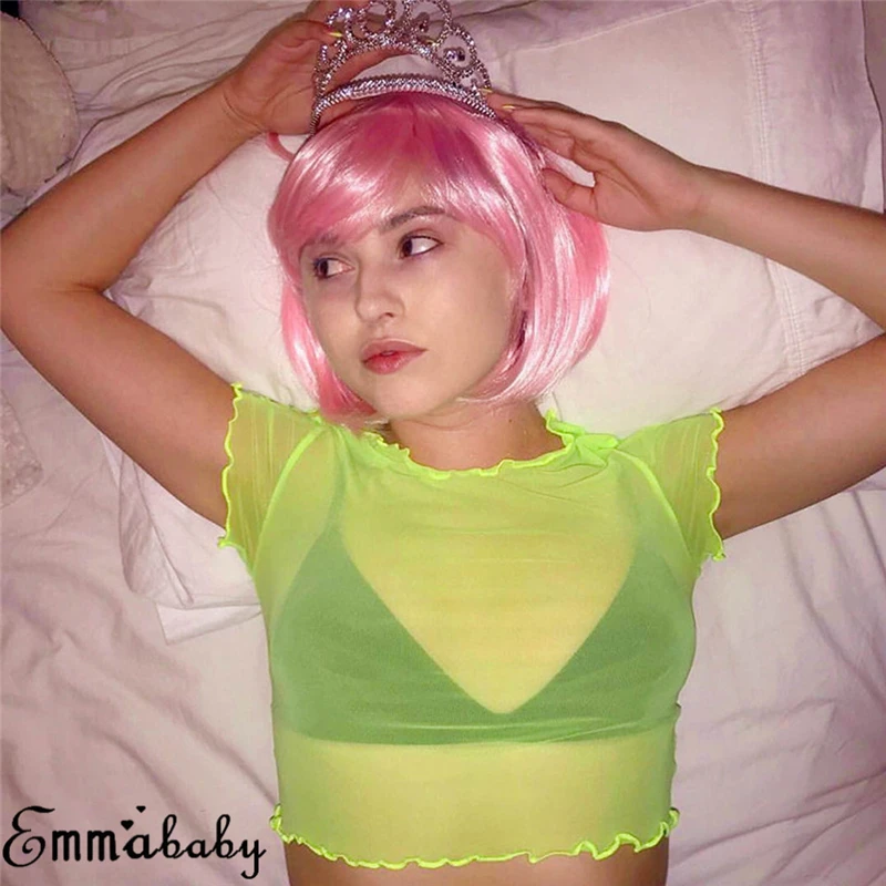 Женский сетчатый укороченный топ с коротким рукавом и круглым вырезом