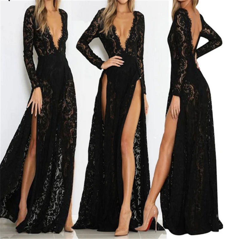 Women Lace Evening Party Prom Gown Dress Lady Formal Empire Waist Long Black V-Neck Sleeve Floor-Length Maxi Dresses | Женская одежда
