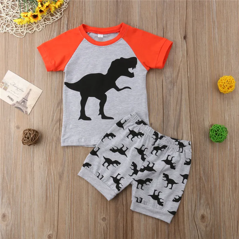 1-6T 2019 New Toddler Infant Kids Baby Boys Clothes Set Gray Dinosaur Printing Tops T-Shirt Short Pants 2pcs Casual Outfit Suits |