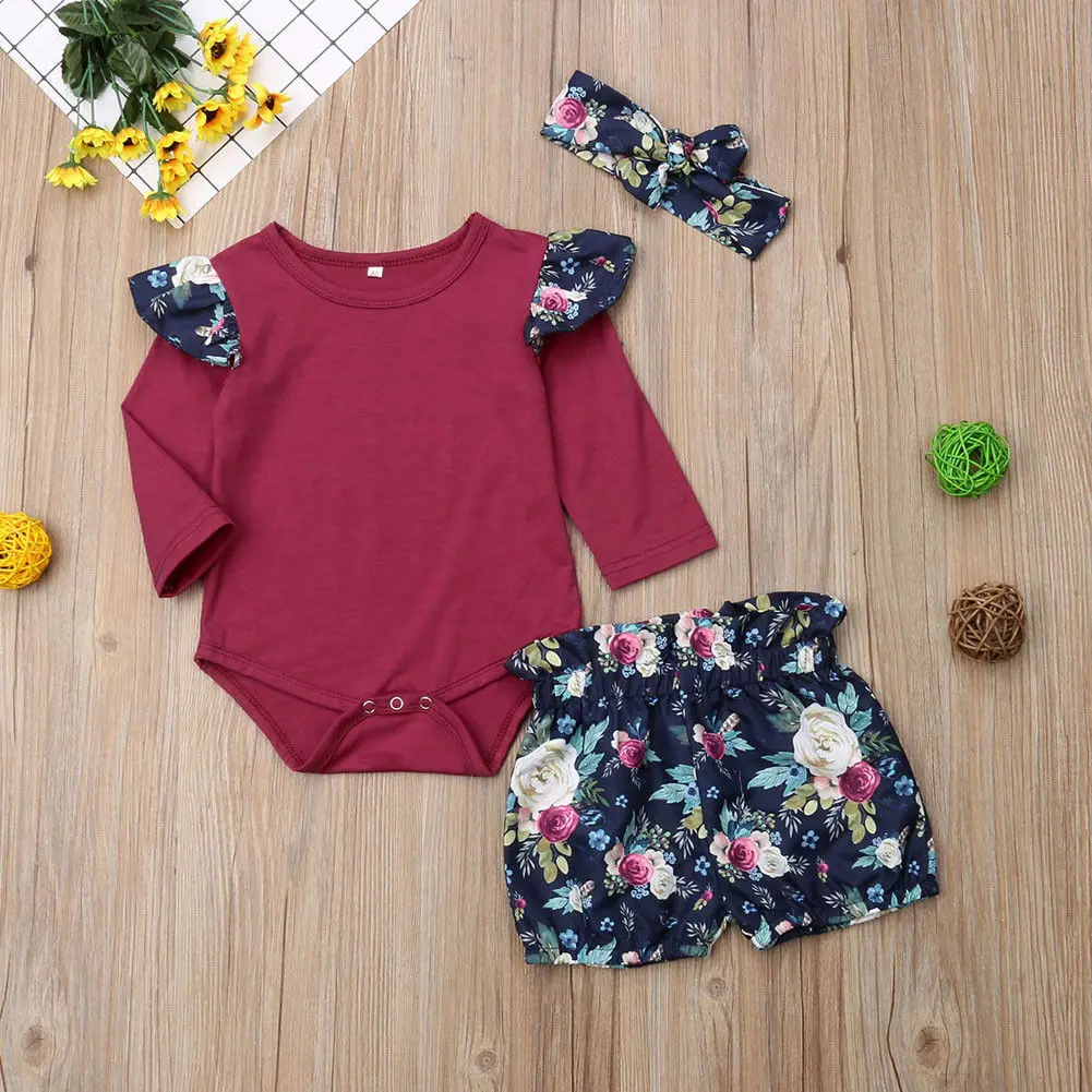 Newborn Toddler Kids Baby Girls Clothes 3PCS Ruffles Long Sleeve Solid Romper Tops+Floral Print Shorts+Headband | Детская одежда и