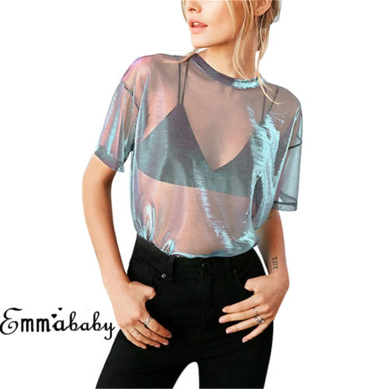 Summer Women Lace Sequined Blouses Shirt Ladies tops Sexy mesh Transparent Elegant See-through Black |