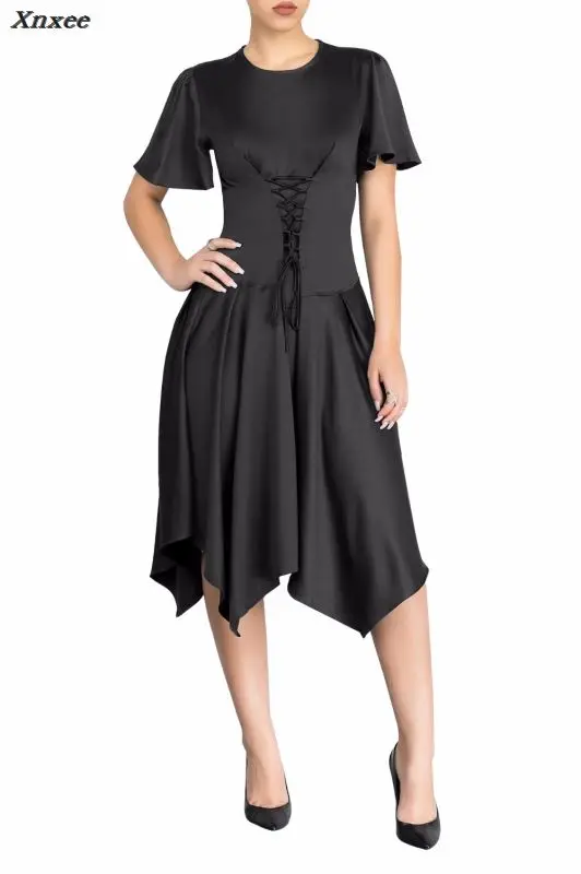 Женское элегантное платье со шнуровкой спереди плиссированное с асимметричным