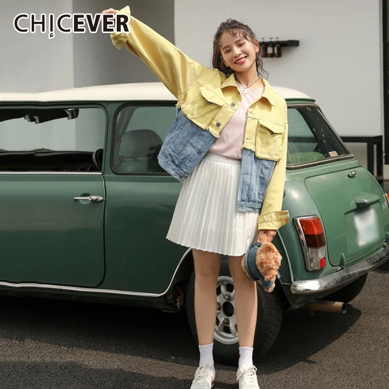 CHICEVER 2019 Весна хит цвета джинсовые куртки для женщин с лацканами длинным рукавом