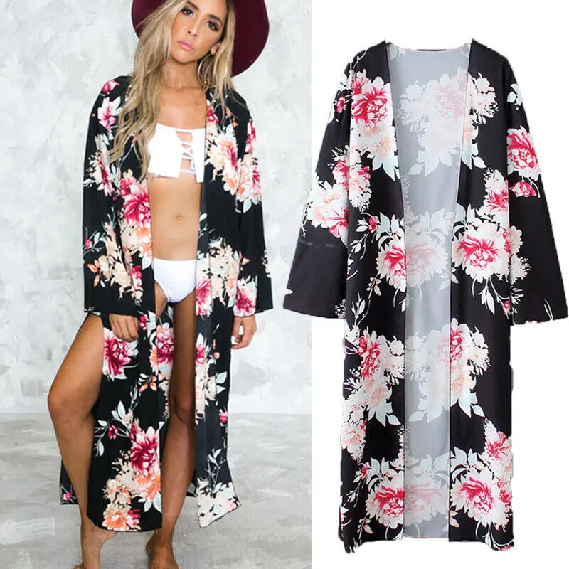 Женский винтажный кардиган длинный свободный с цветочным принтом из шифона 2019 |