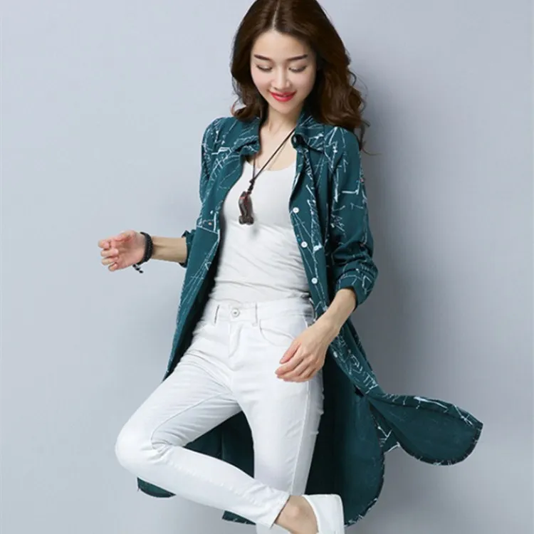 Print Casual Loose Long Blouses Women Sleeve Cotton Linen Shirt Spring Turn-down Collar Thin Tops |