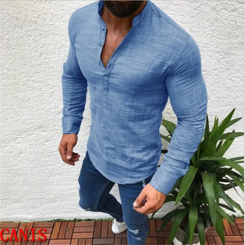 Men's Slim Fit V Neck Long Sleeve Muscle Tee T-shirt Casual Cotton Linen Tops T-shirts Men Clothes Fashion | Мужская одежда