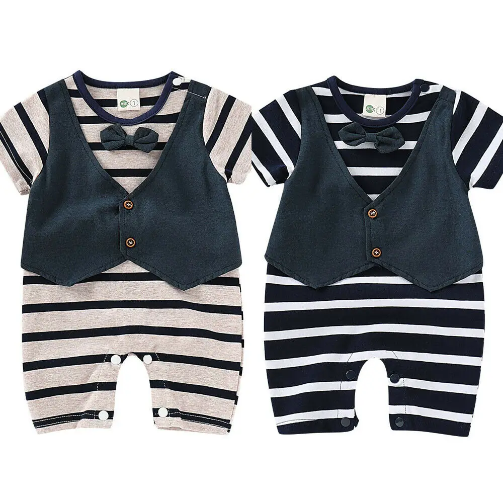 Emmababy Little Gentlemen Newborn Kids Baby Boy Costume Romper Short Sleeve Striped Bow Tie wedding Party Jumpsuit Playsuit |