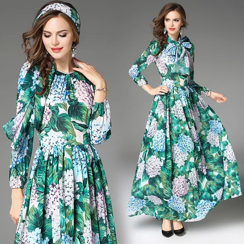 

bow tie up Women Dress spring summer Runway Green Leaves Flower Print bohemian Dress Chiffon Pleated Dress maxi long