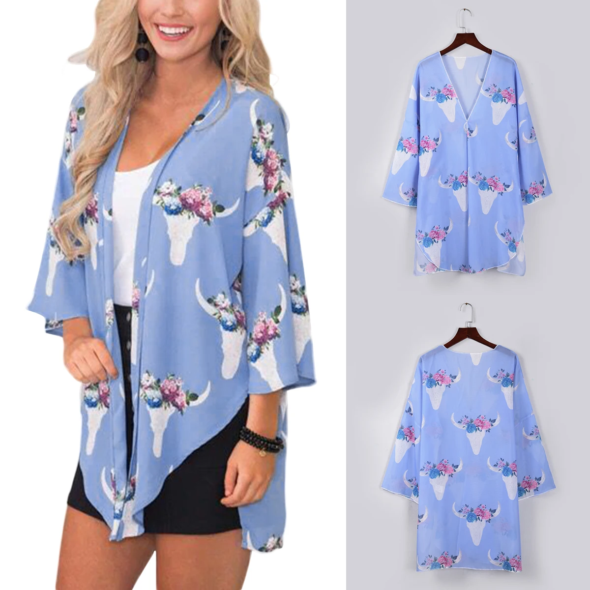 Летнее женское кимоно с принтом кардиган свободного покроя открытой передней