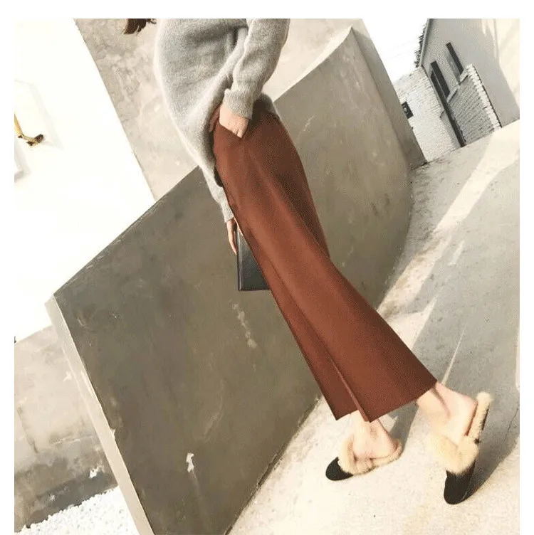 Office Lady Ankle-Length Wool Wide Leg Pants Women Flat High Woolen Autumn Winter Trousers Solid Loose Palazzo | Женская одежда