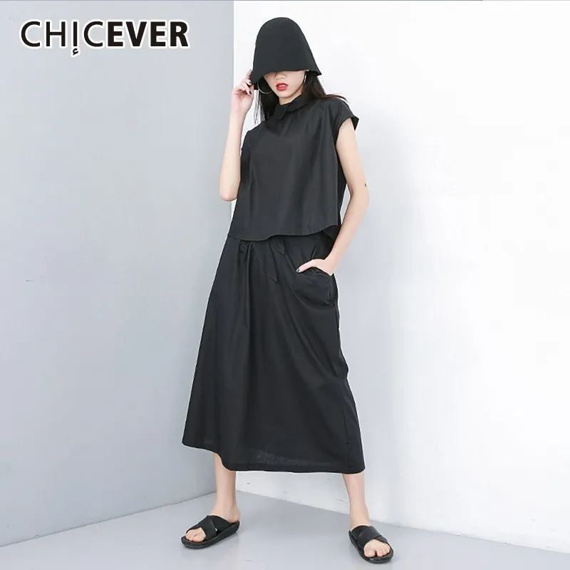 CHICEVER летний Повседневный однотонный черный женский комплект из двух предметов