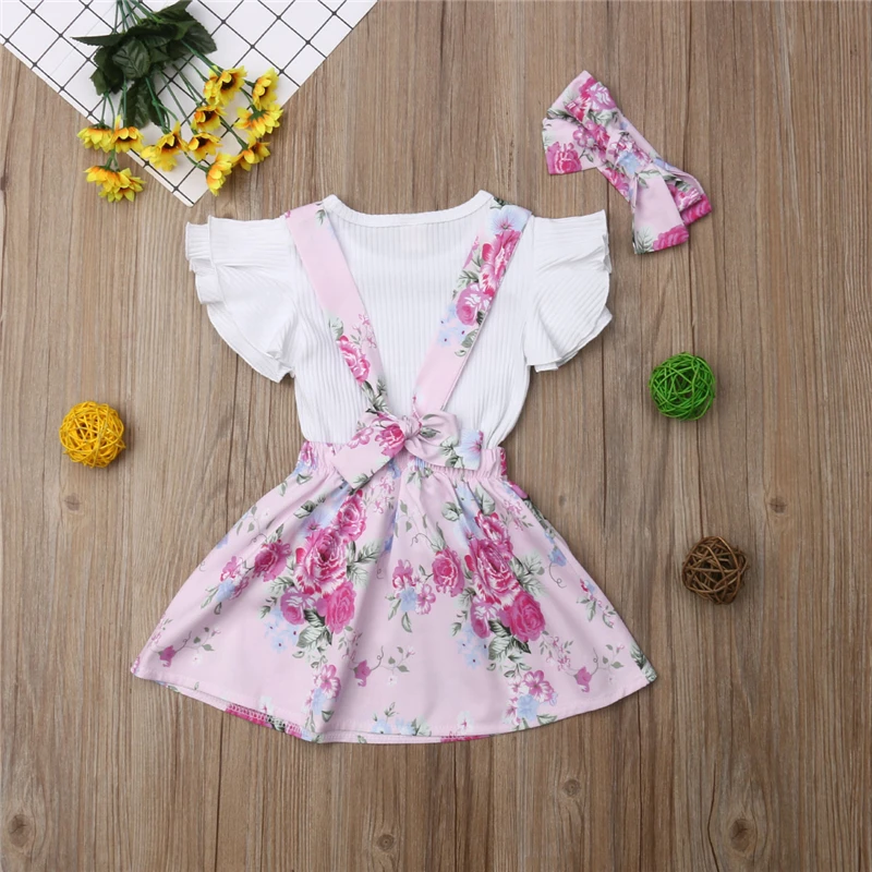 Toddler Kids Baby Girls Clothes Set Summer Short Sleeve Tops T-shirt Suspender Purple Floral Skirt Girl Clothing Outfits 3Pcs | Мать и
