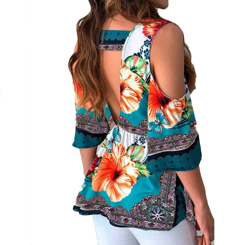 Женская блузка с открытыми плечами сексуальная короткая цветочным принтом топы