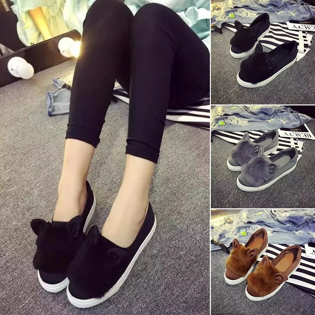 Женские балетки на плоской подошве с милым Плюшевым Мехом и ушками удобная