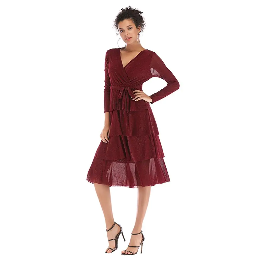 2019 women's short dress ball gown cascading ruffle ladies spring autumn V-neck tie cake dresses waist long-sleeved female | Женская