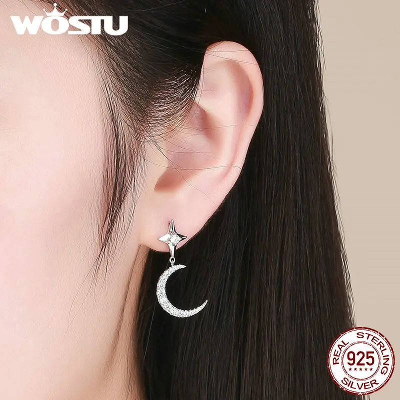 WOSTU,, 925 пробы, серебро, луна и звезды, прозрачный циркон, висячие серьги для женщин, для помолвки, модный стиль, серебряные ювелирные изделия CTE050