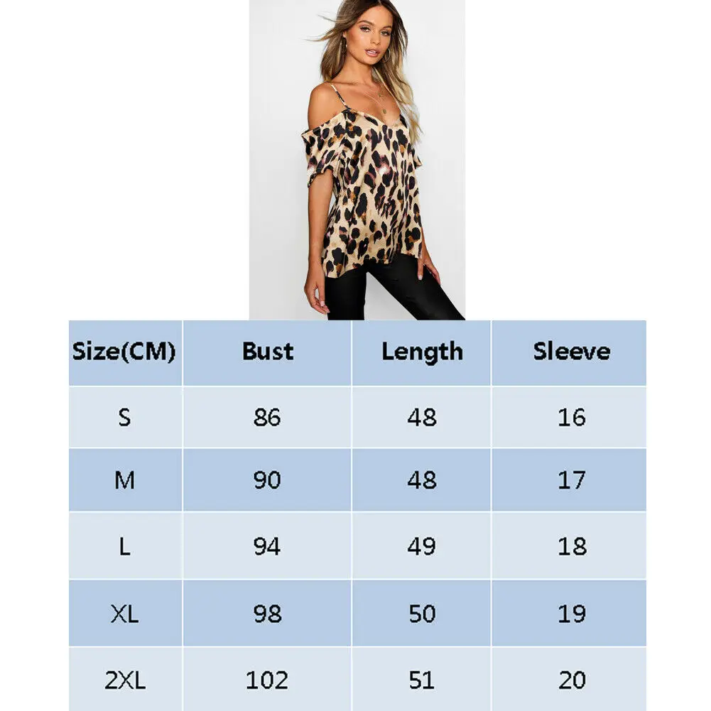 

Womens Cold Shoulder Leopard Print V Neck Shirt Casual Blouse Loose Beach Tops