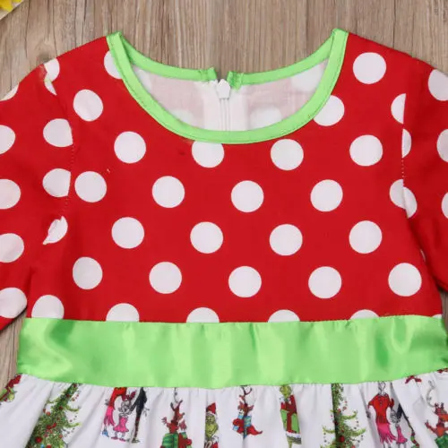 New Christmas Toddler Kids Baby Girl Long Sleeve Dot Xmas Cartoon Pattern Patchwork Flare Princess Party Dress Outfit | Детская одежда