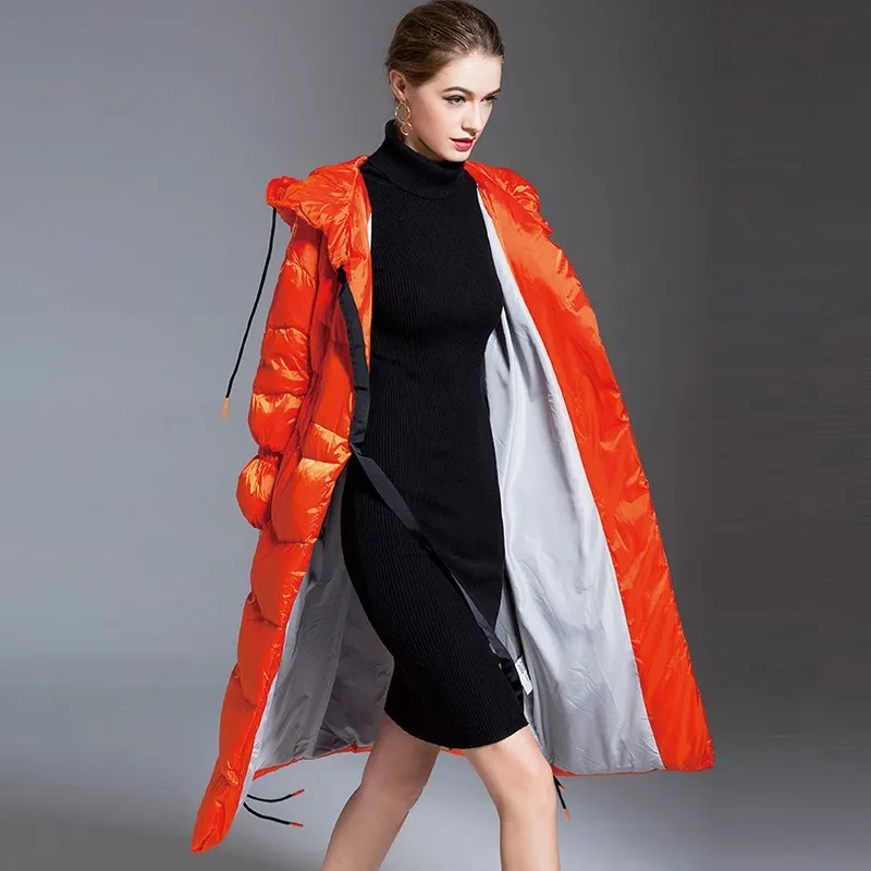 Orange Fashion Warm Long Down Jacket Parka Casual Winter Jacket Coat Women Plus Size Hooded Feather Slim Overcoat Female Ls215