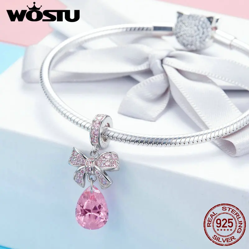 WOSTU Подвеска из стерлингового серебра 925 пробы с розовым бантом бисера